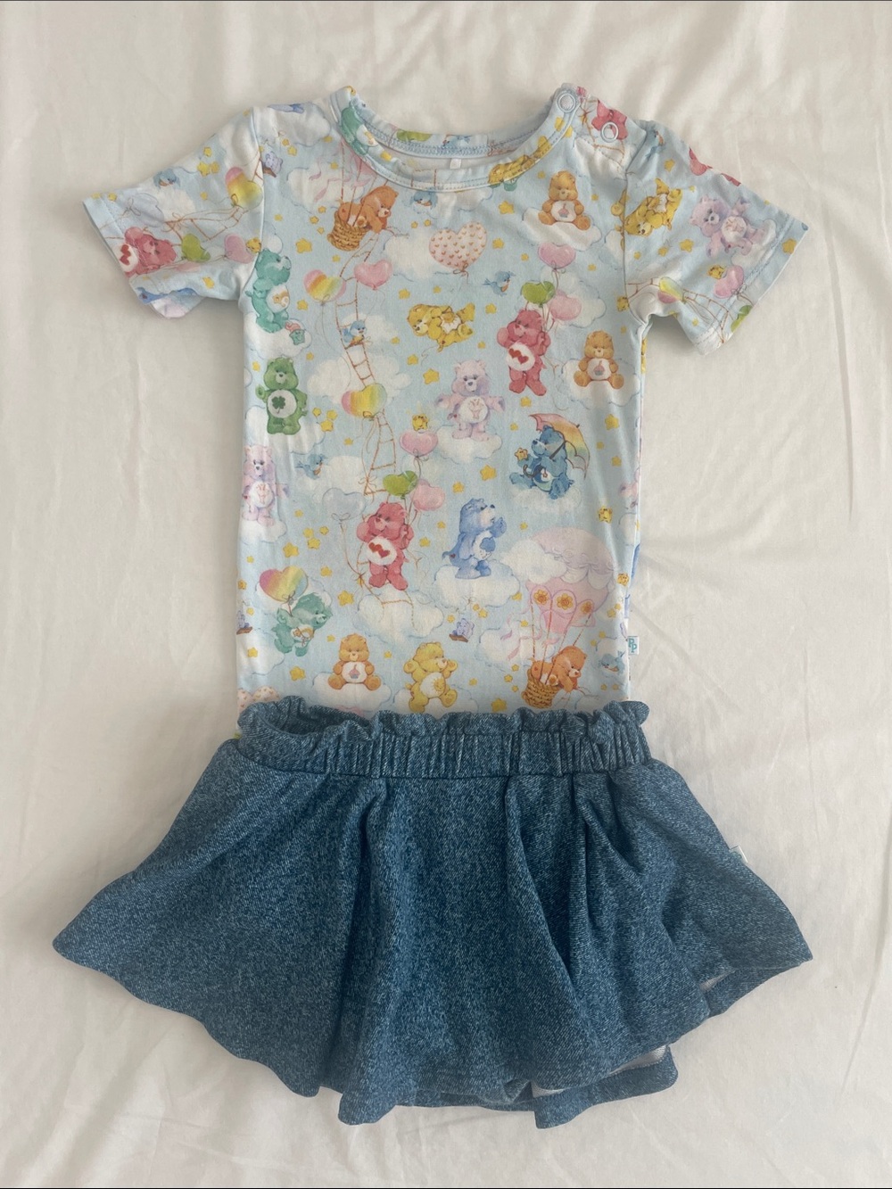 Posh peanut Care Bears Baby Onesie with Denim Skort Skirt Set (EUC/ VGUC)